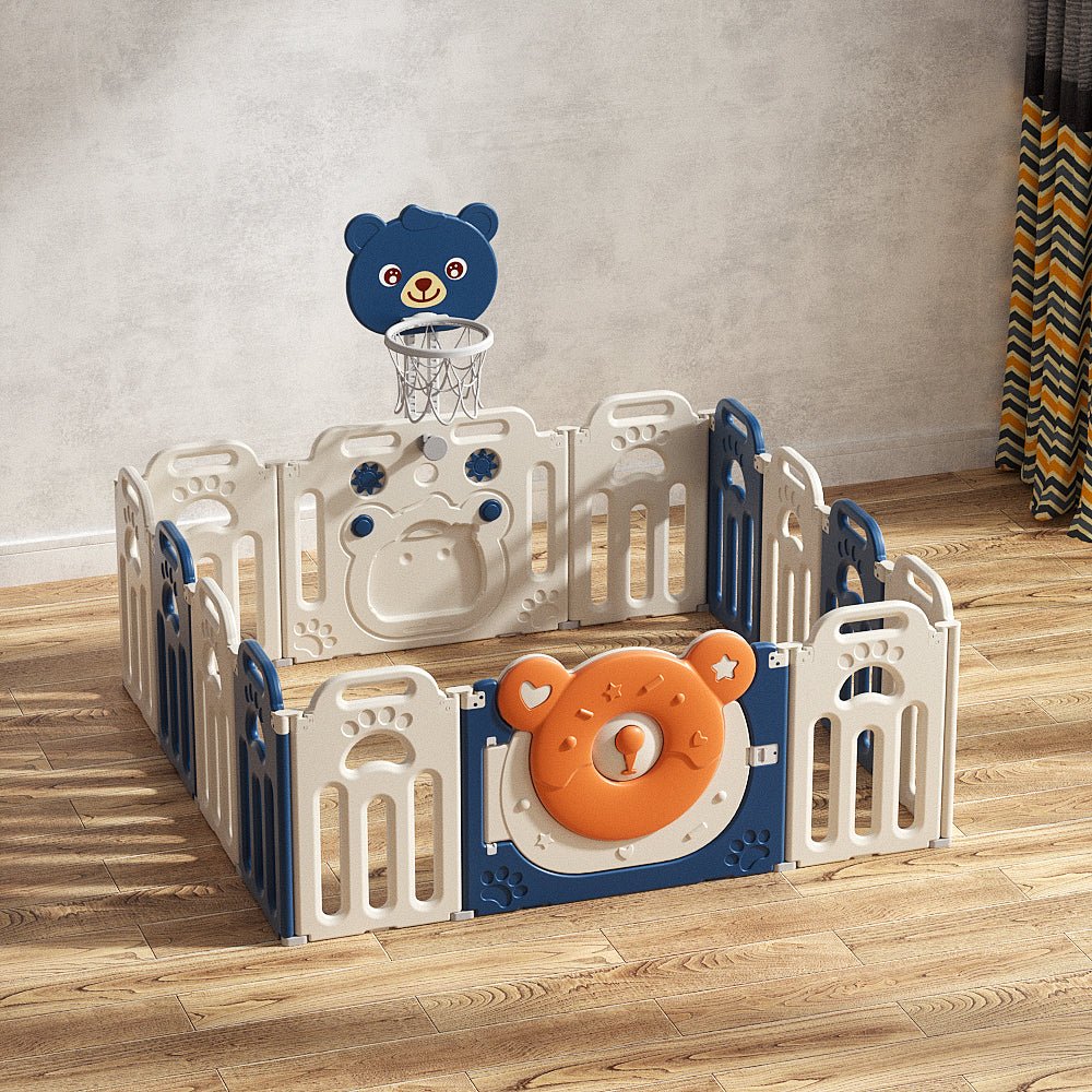 Kids Bear Playpen Blue - w/ Basketball Hoop - 14 pcs - Marah Kids