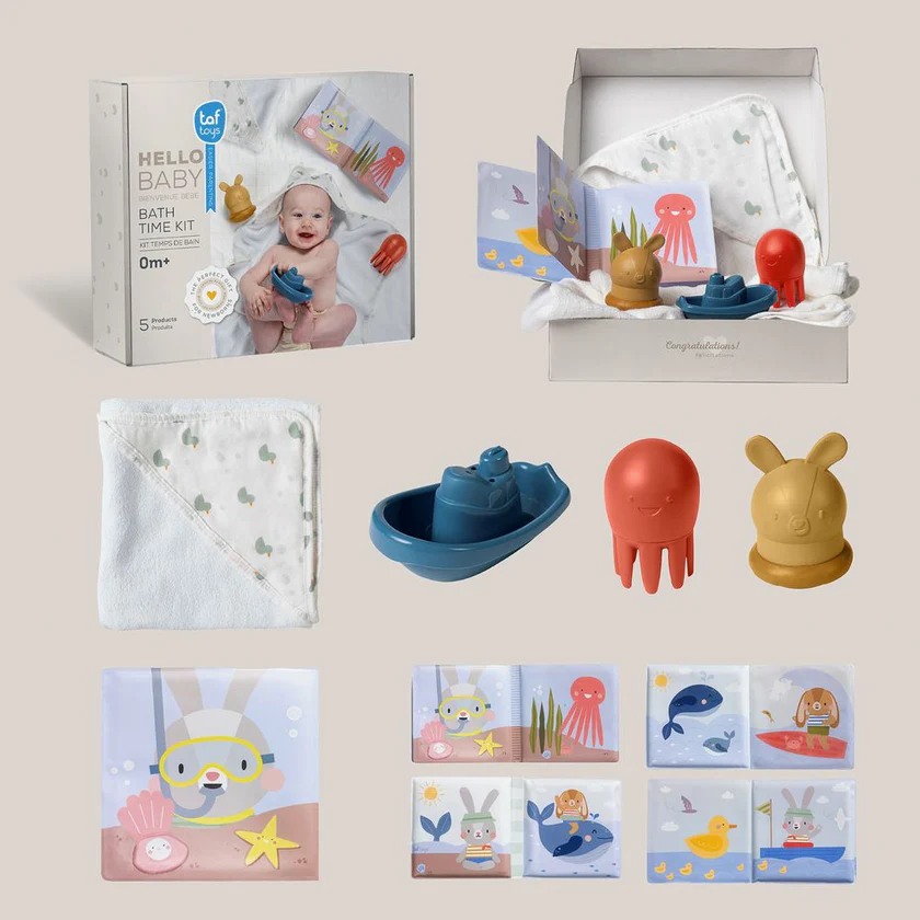 Taf Toys Baby Bath Time Gift Set. Includes Bath Book, Cotton Hooded Towel, Squirting Bath Toys, Boat Toy. 5 piece Newborn Bath Time Essentials Kit for Babies. Suitable for Baby Boys & Girls 0 months +