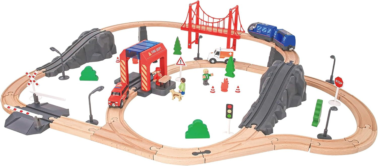 Tooky Toys Fire Rescue Train Set - Large wooden toy vehicle set for ages 3+ | Marah Kids UAE