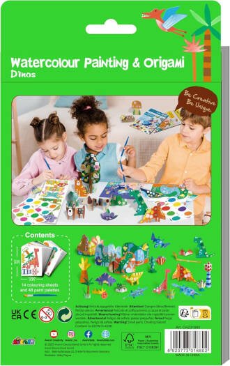 Avenir - Watercolour Painting & Origami - Dinos Multicolour | Encourage your child to be creative, great activity for rainy days, indoor play, travel and holidays | Ages 3+ - Marah Kids