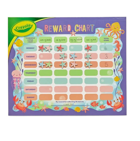 Crayola Reward Chart |14 Reward chart sheets, 13 activity sheets, 4 colored paper sheets, 3 sticker sheets, 60 cm ribbon, 4m yarn, 4 tissue paper sheets, 70 Assorted adhesive rhinestone gems & assorted sequinsAges 3+ - Marah Kids