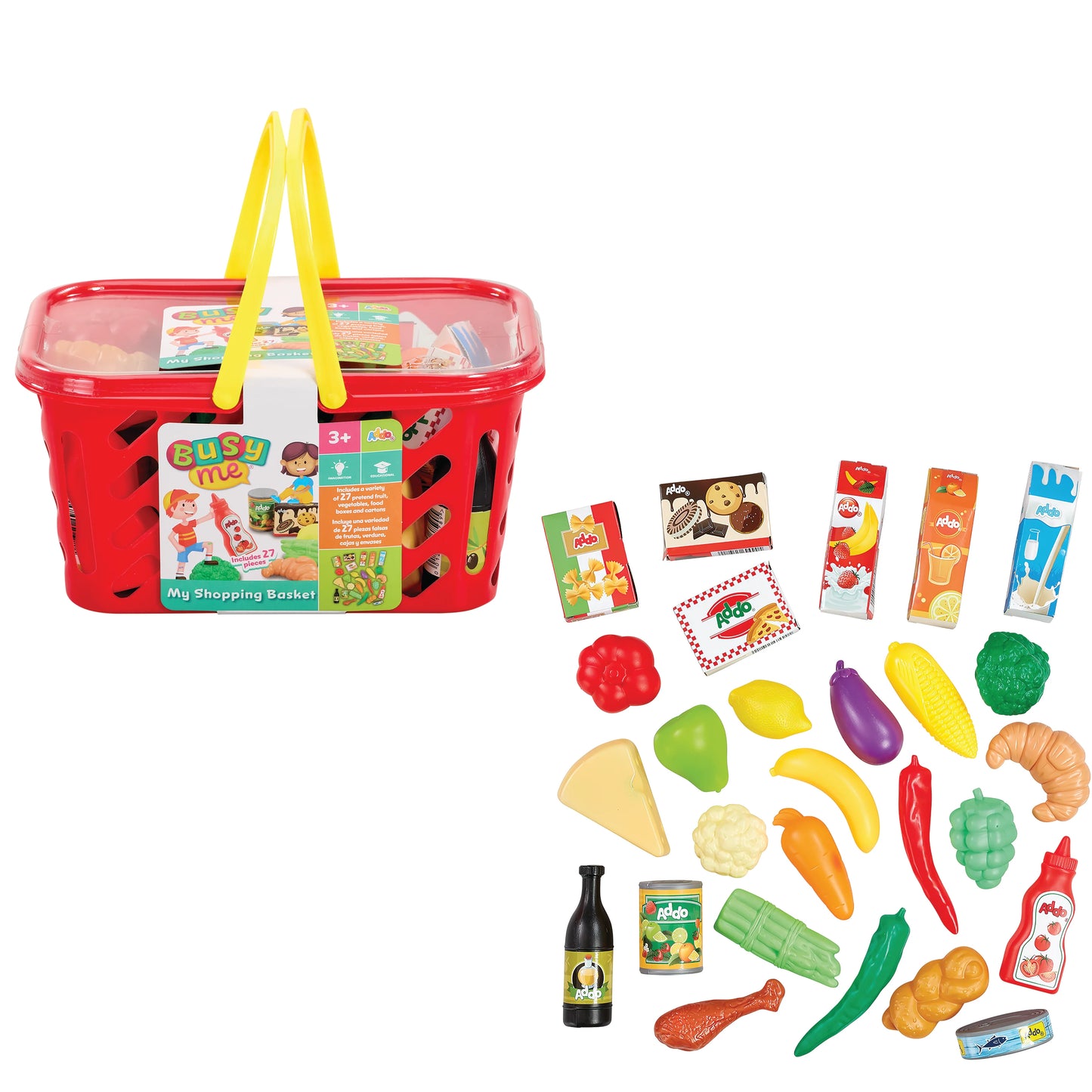 Addo Busy Me Shop Basket, Basket with Pretend Food Accessories - Fruit, Vegetables, Pretend Play Toy, Roleplay