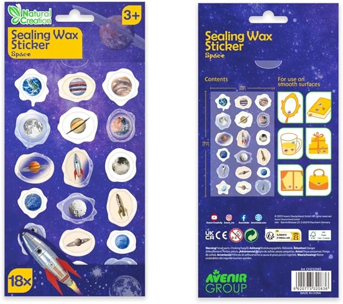 Avenir - Sealing Wax Stickers 10 pack - Space Multicolour | fabulous sealing wax stickers showcasing a collection of space objects | Ages3+ - Marah Kids
