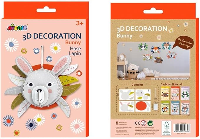 Avenir 3D Decoration - Bunny Kit | Turn Your Wall into a Zoo! Create 3D Decorations with Pre - Cut Cardboard Puzzle Pieces | Thoughtful and Creative Gift Option for Kids 3+ - Marah Kids