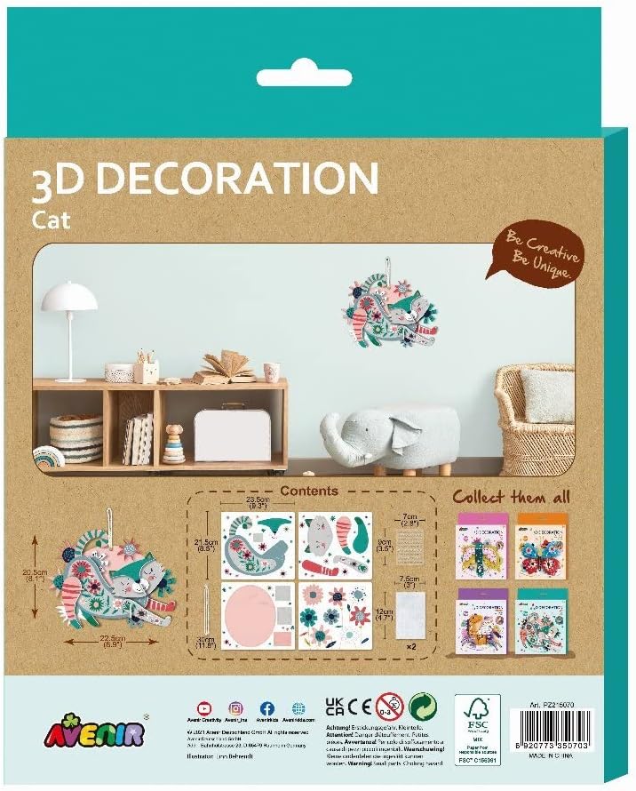 Avenir 3D Decoration - Cat Kit | Turn Your Wall into a Zoo! Create 3D Decorations with Pre - Cut Cardboard Puzzle Pieces | Thoughtful and Creative Gift Option for Kids 3+ - Marah Kids