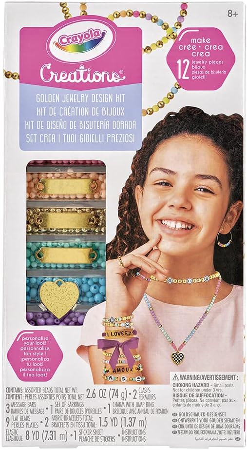 Crayola - Creations Golden Jewelry Set | Creative DIY Kit for Girls Ages 8 and Up - Design and Personalize Bracelets, Necklaces, and Earrings | Easy and Fun Crafting - Charms, Adhesive Letters, and Symbols for Personalization, 8+ - Marah Kids