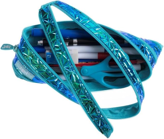 ZIPIT - Metallic Pencil Case for Girls, Holds Up to 30 Pens, Pouch Made of One Long Zipper! (Blue - Green) - Marah Kids