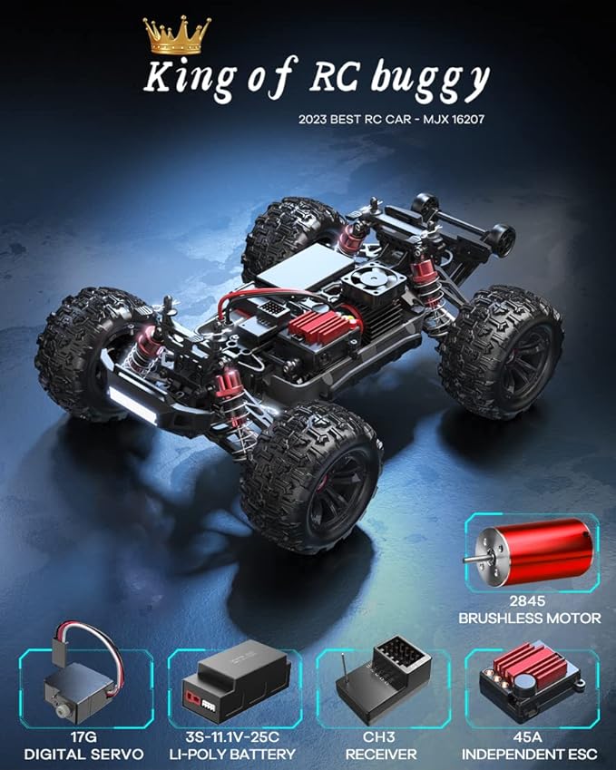 MJX Hyper GO 16207 with 3S Battery 1/16 RTR Brushless RC Cars, 62KM/H Fast RC Truck, 4WD All - Road Remote Control Cars | suitable 14+ ( Multicolour) - Marah Kids