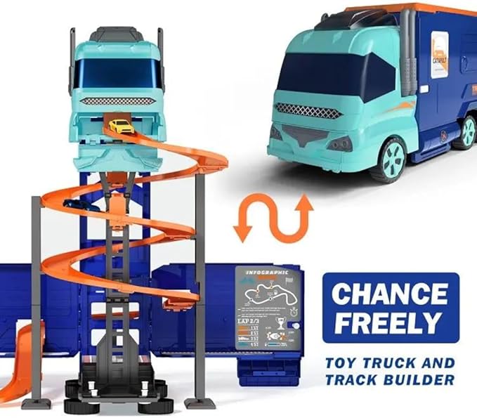 D - Power – Super Transformer Construction Truck | 2in1 - Truck & Track Set, 6 Cars and Sign Boards included, 3+ yrs | Blue - Marah Kids