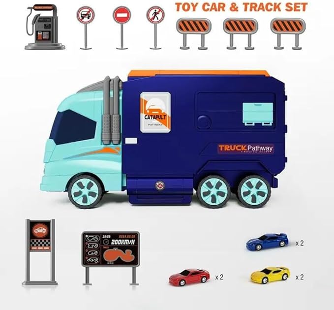 D - Power – Super Transformer Construction Truck | 2in1 - Truck & Track Set, 6 Cars and Sign Boards included, 3+ yrs | Blue - Marah Kids