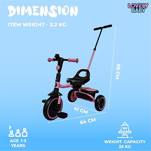 Lovely Baby Tricycle with Adjustable Handle - Pink - Marah Kids