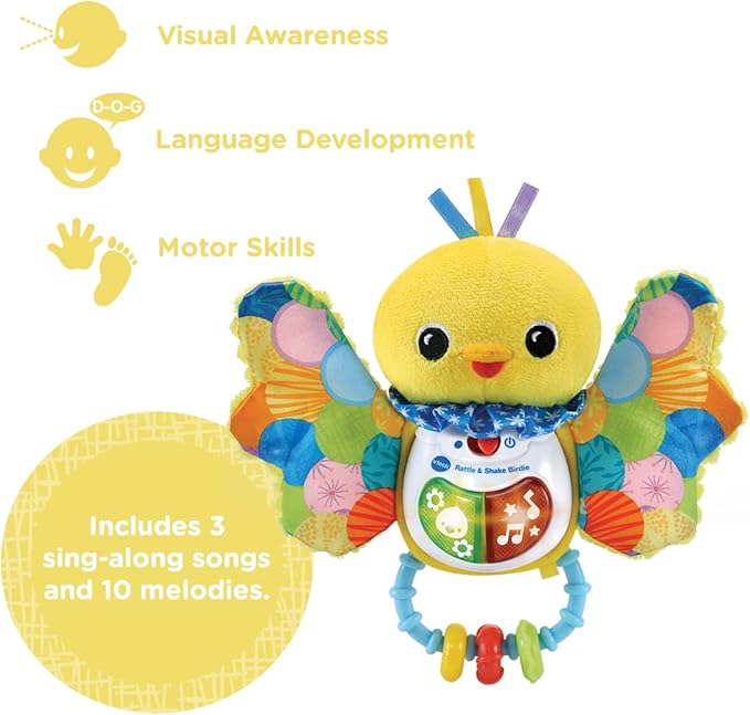 VTech Baby Rattle & Shake Birdie, Sensory Toy with Music, Sounds, Colours, Lights, Interactive Gift for Boys & Girls 3, 6, 12, 18 Months +, English Version - Marah Kids