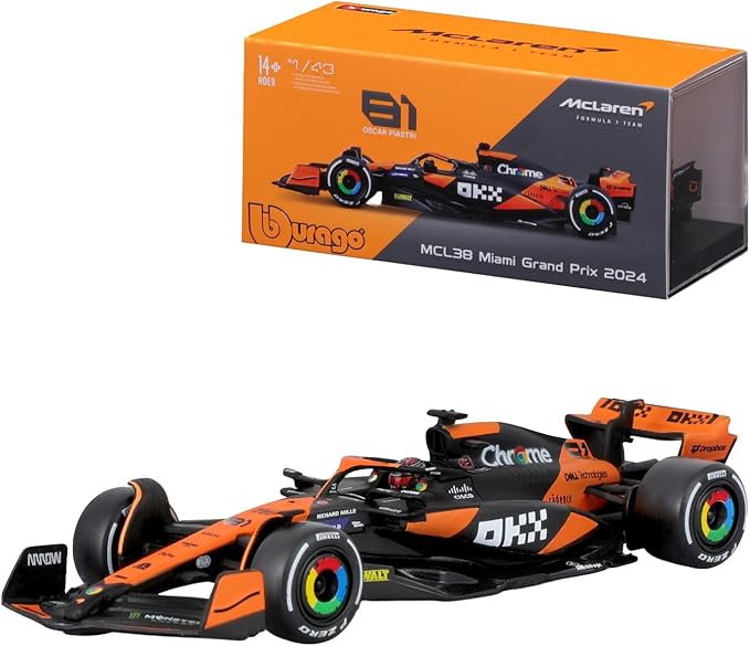 Bburago 1:43 Formula (With Helmet & Plastic Stand) - Mclaren Team Mcl38 (Miami Gp) (2024) - Marah Kids