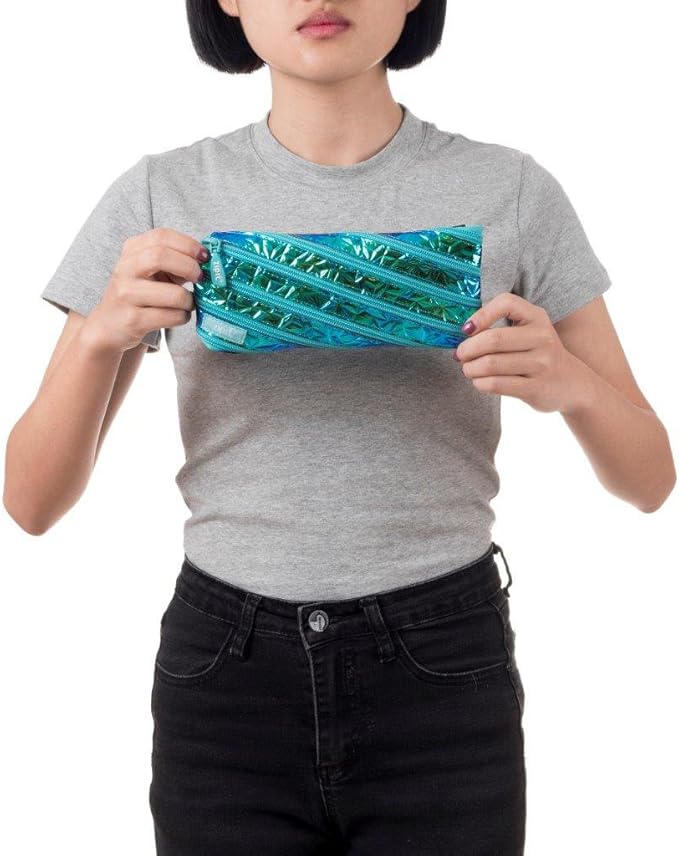 ZIPIT - Metallic Pencil Case for Girls, Holds Up to 30 Pens, Pouch Made of One Long Zipper! (Blue - Green) - Marah Kids