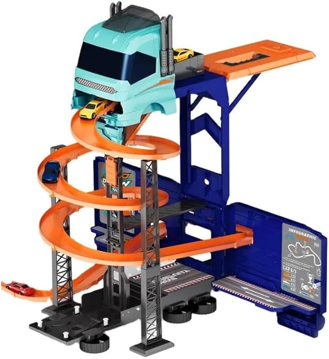 D - Power – Super Transformer Construction Truck | 2in1 - Truck & Track Set, 6 Cars and Sign Boards included, 3+ yrs | Blue - Marah Kids