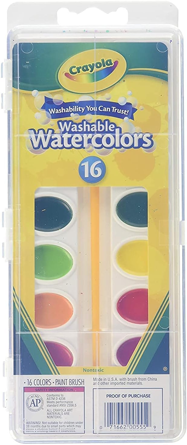Crayola Washable Watercolors Pans with Plastic Handled Brush, 16 Count - Marah Kids