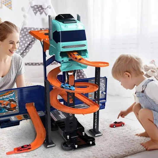 D - Power – Super Transformer Construction Truck | 2in1 - Truck & Track Set, 6 Cars and Sign Boards included, 3+ yrs | Blue - Marah Kids