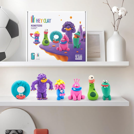 HEY CLAY - Monsters Set - Colourful Modeling Kids - Air Dry Clay Kit 15 cans and Sculpting Tools with Fun Interactive Instructions App, Multicoloured - Marah Kids
