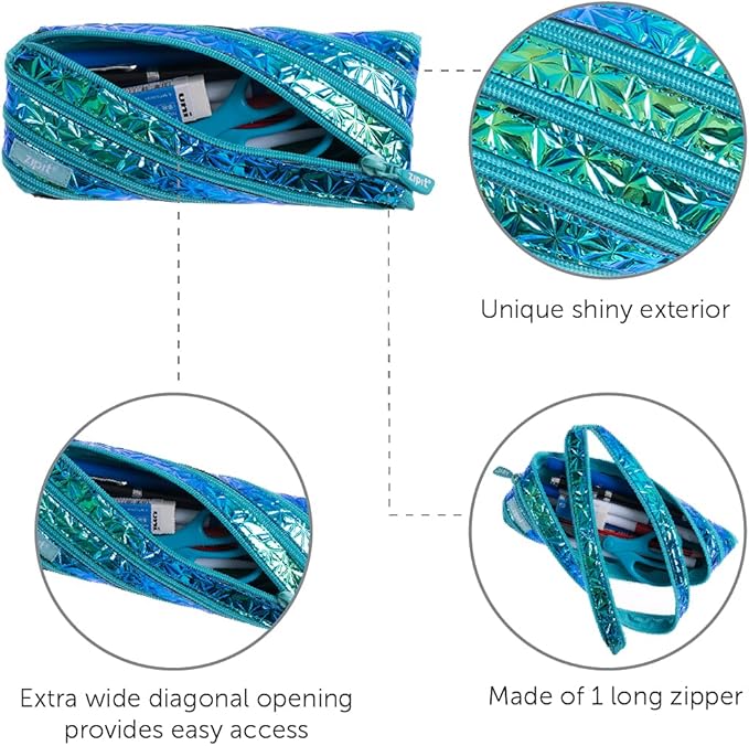 ZIPIT - Metallic Pencil Case for Girls, Holds Up to 30 Pens, Pouch Made of One Long Zipper! (Blue - Green) - Marah Kids