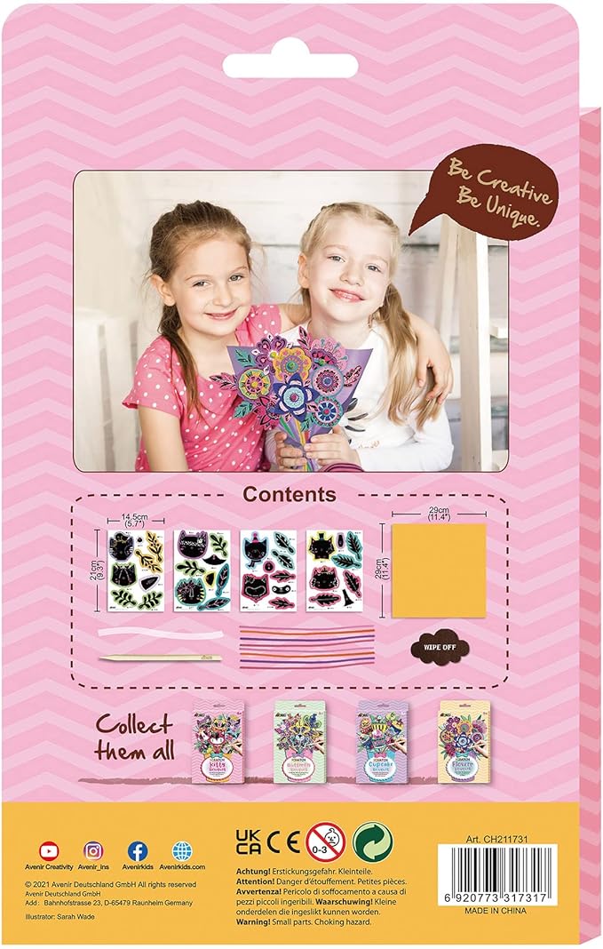 Avenir Scratch Bouquet Kit – Kitty | Themed Fun! Create Personalized Bouquets with Scratch Sheets, Wrapping Paper, and Ribbon | Step - by - Step Instructions for Kids 3+ - Marah Kids