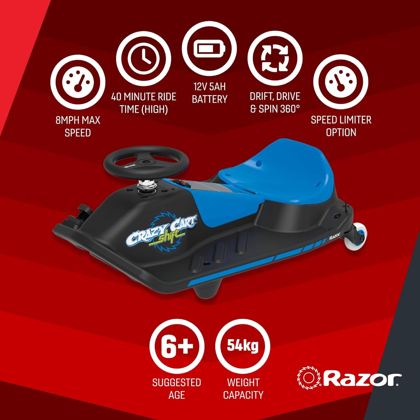 عربة Razor Crazy Cart Shift باللون الأزرق بسرعة 13 كم/ساعة 6+