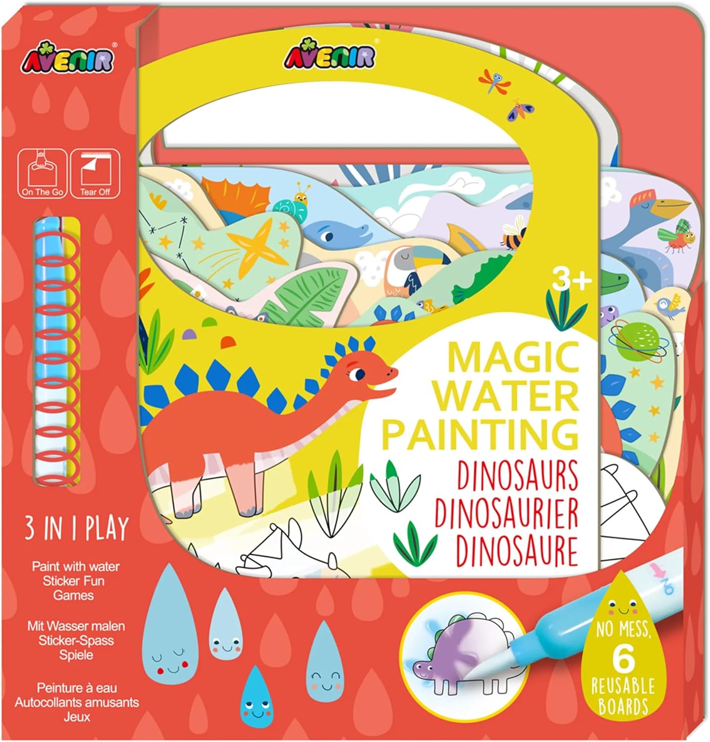 Avenir Magic Water Painting – Dinosaur | 6 Reusable Coloring Surfaces, 2 Sheets of Repositionable Stickers, and Refillable Water Pen, Easy to Carry | Kids 3+ - Marah Kids