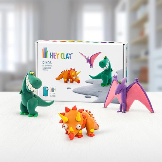 HEY CLAY - DIY Dinos: Pterodactylus, Triceratops, Tyrannosaurus Plastic Creative Modelling Air - Dry Clay For Kids 6 Cans - Marah Kids