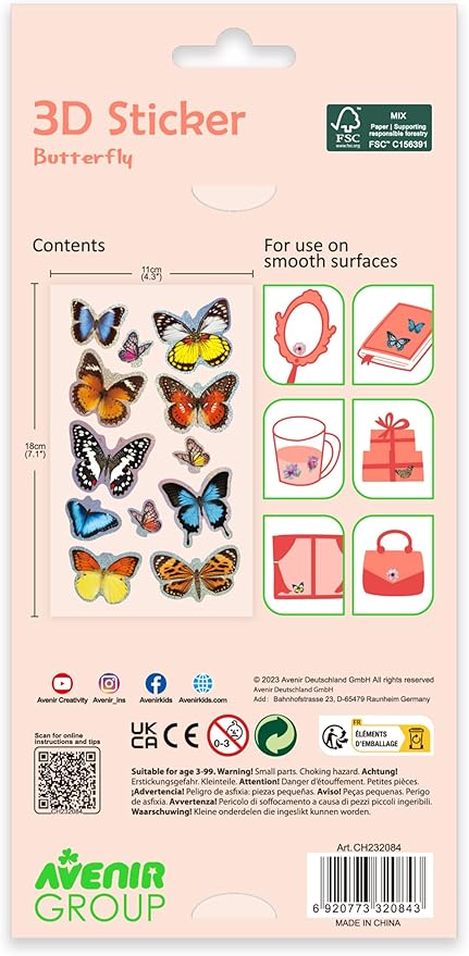 Avenir - 3D Stickers 10 pack - Butterfly Multicolour | These beautiful and realistic - looking 3D stickers pop out to showcase a gorgeous collection. | ages 3+ - Marah Kids