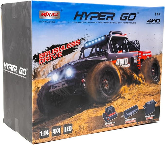 MJX - HYPER GO 1/14 Brushless High - Speed RC Car Vehicle Models 60 - 75km/h 3SBattery | 2.4Ghz Off - Road RC Truck | Front and Rear Bone dog shaft is Metal Version | various terrain 4 WHEEL DRIVE |Suitable Ages 14+ (Multicolour) - Marah Kids