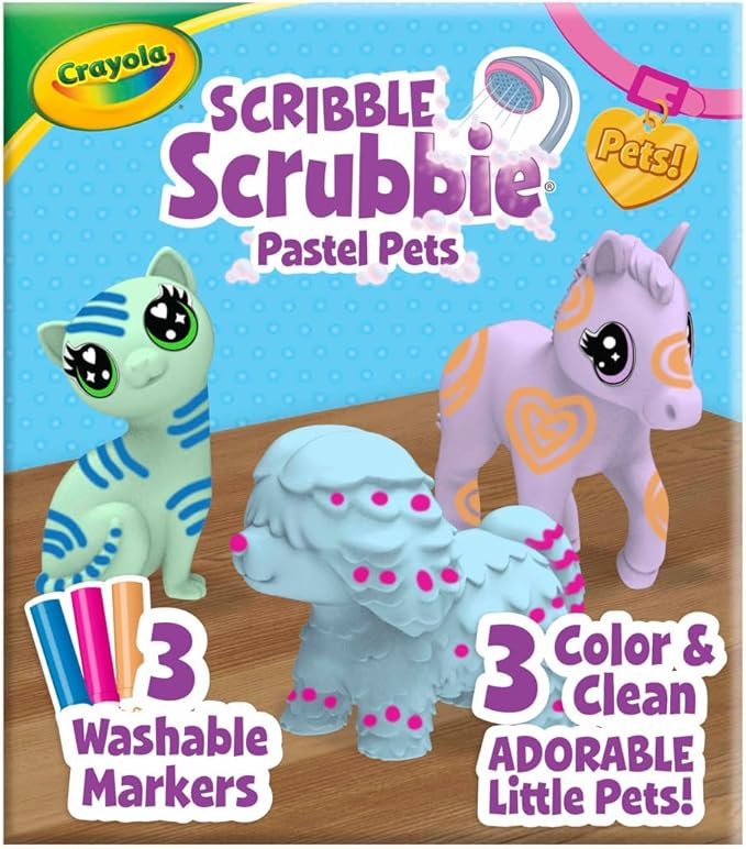 Crayola Scribble Scrubbie Pastel Pets, 3 Count – Washable Pet Toy Set With Markers & Brush, Creative Gift For Kids Ages 3+