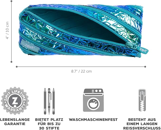 ZIPIT - Metallic Pencil Case for Girls, Holds Up to 30 Pens, Pouch Made of One Long Zipper! (Blue - Green) - Marah Kids