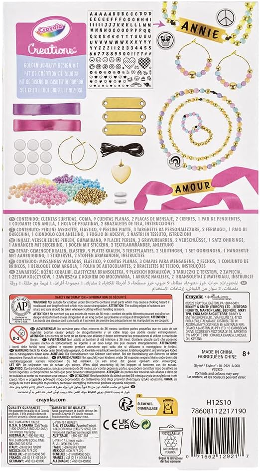 Crayola - Creations Golden Jewelry Set | Creative DIY Kit for Girls Ages 8 and Up - Design and Personalize Bracelets, Necklaces, and Earrings | Easy and Fun Crafting - Charms, Adhesive Letters, and Symbols for Personalization, 8+ - Marah Kids