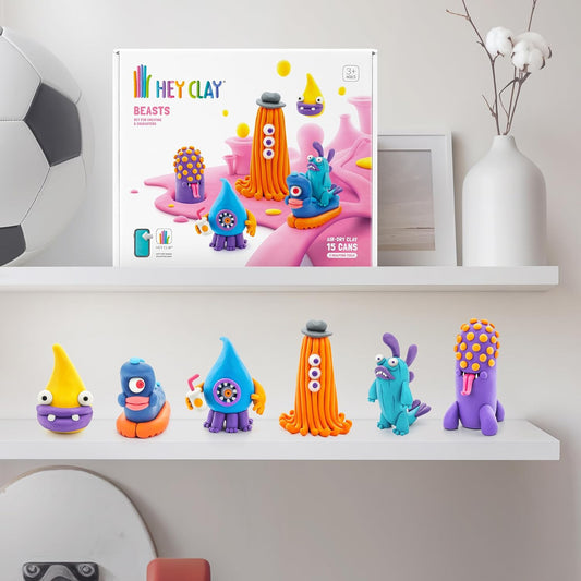 HEY CLAY - Beasts Set - Colourful Modeling Kids - Air Dry Clay Kit 15 cans and Sculpting Tools with Fun Interactive Instructions App, Multicoloured - Marah Kids