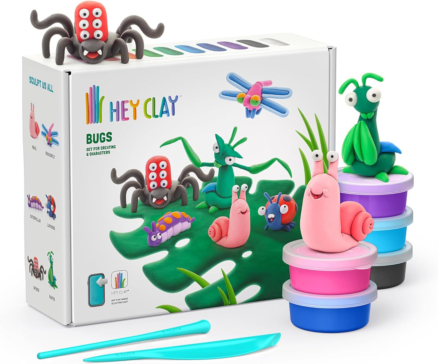 HEY CLAY - Bugs Set - Colourful Modeling Kids - Air Dry Clay Kit 15 cans and Sculpting Tools with Fun Interactive Instructions App, Multicoloured - Marah Kids
