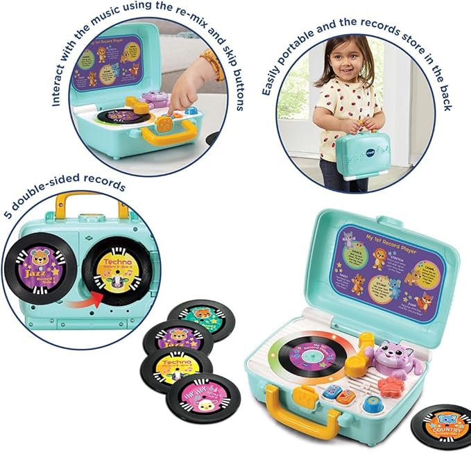 Vtech - My 1st Record Player - Multicolour | Double - sided records feature 5 different music styles with animal friends singing cool songs | Suitable ages 12+ up - Marah Kids