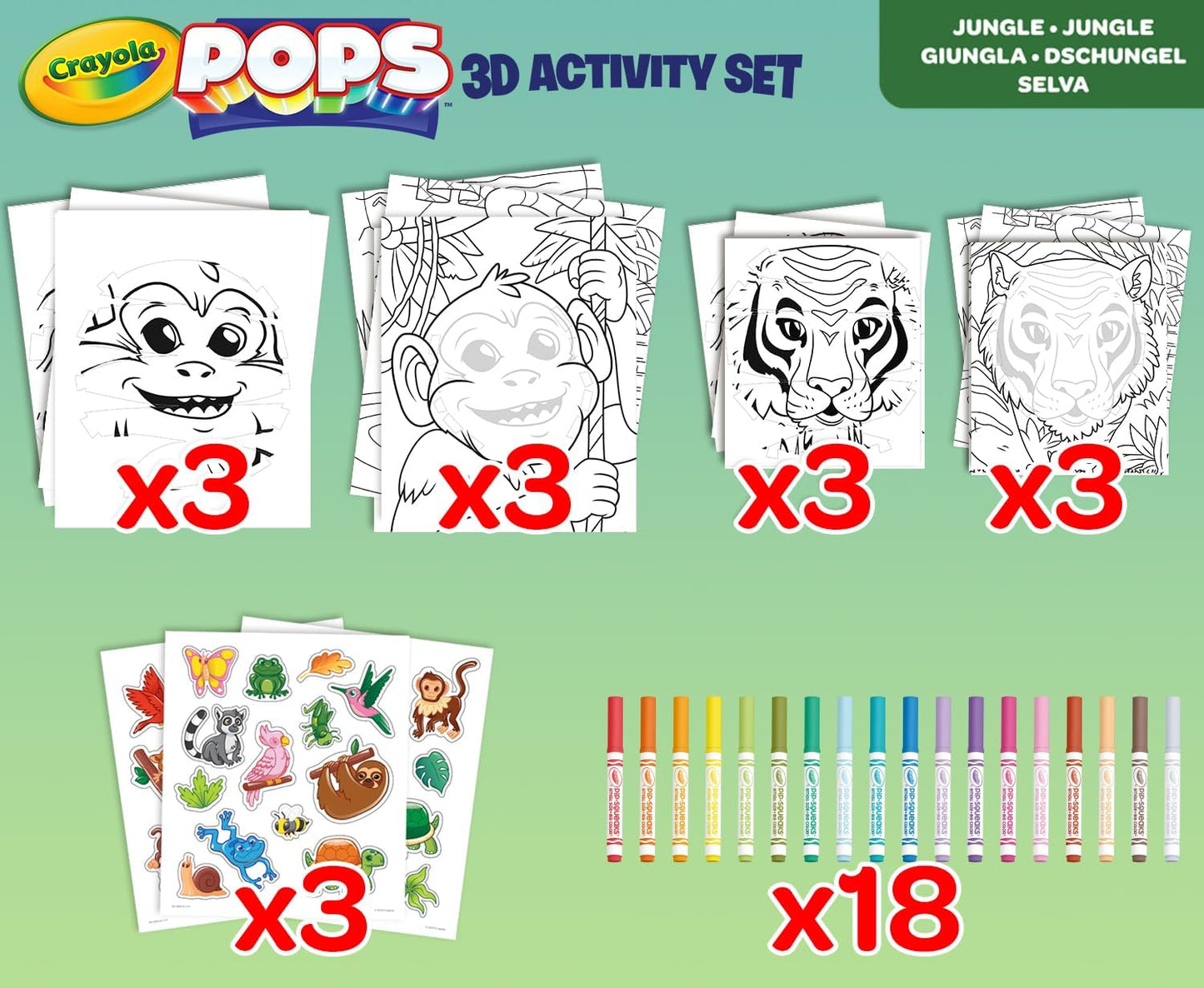 Crayola - Pops Super Set - Jungle | Creative Building Kit for Kids - Includes 3 Extra - Large Pops Cards (30x37cm) and 3 Large Pops Cards (25x21.6cm) - 7 Skinny Markers | Ages 6+ - Marah Kids