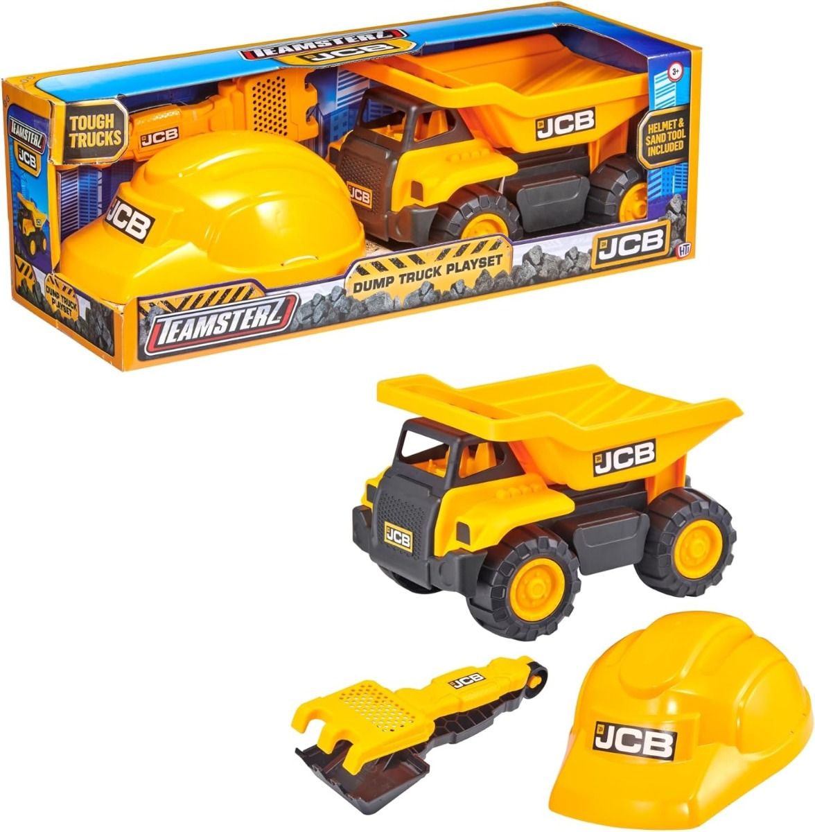 D - POWER Teamsterz JCB 10" Dump Truck Sand Tool and Helmet Playset | Construct the ultimate playtime | Design free - moving wheels for push - along fun | Suitable for children aged 3 + and above - Marah Kids