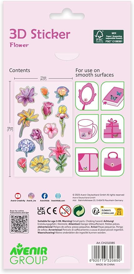 Avenir - 3D Stickers 10 pack - Flower Multicolour | These beautiful and realistic - looking 3D stickers pop out to showcase a gorgeous collection. | ages 3+ - Marah Kids