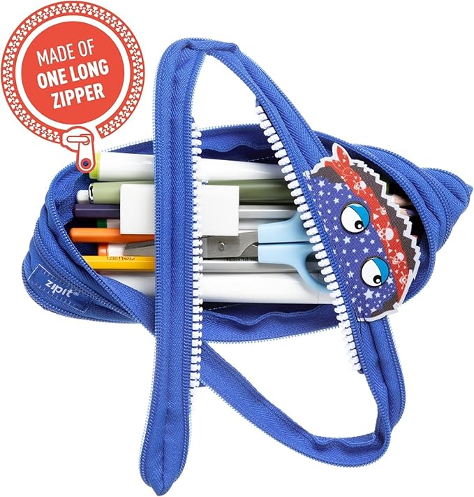 ZIPIT - Monstar Pencil Case for Boys, Holds Up to 30 Pens, Machine Washable, Made of One Long Zipper! (Blue) - Marah Kids