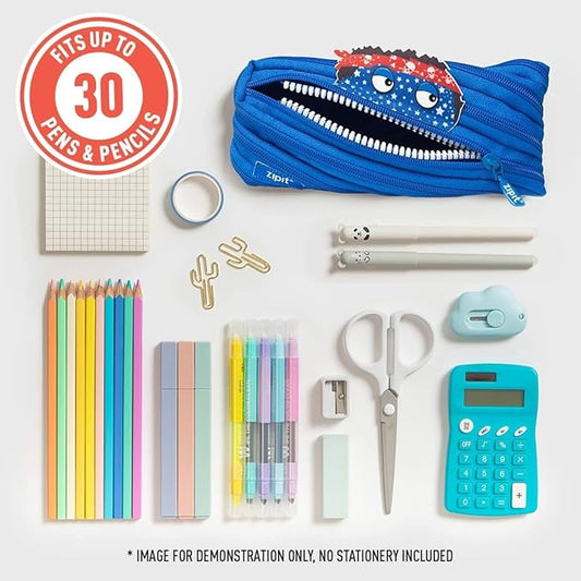 ZIPIT - Monstar Pencil Case for Boys, Holds Up to 30 Pens, Machine Washable, Made of One Long Zipper! (Blue) - Marah Kids
