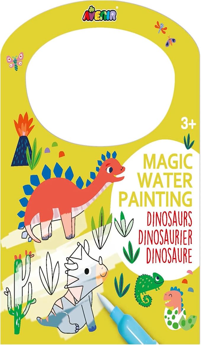 Avenir Magic Water Painting – Dinosaur | 6 Reusable Coloring Surfaces, 2 Sheets of Repositionable Stickers, and Refillable Water Pen, Easy to Carry | Kids 3+ - Marah Kids