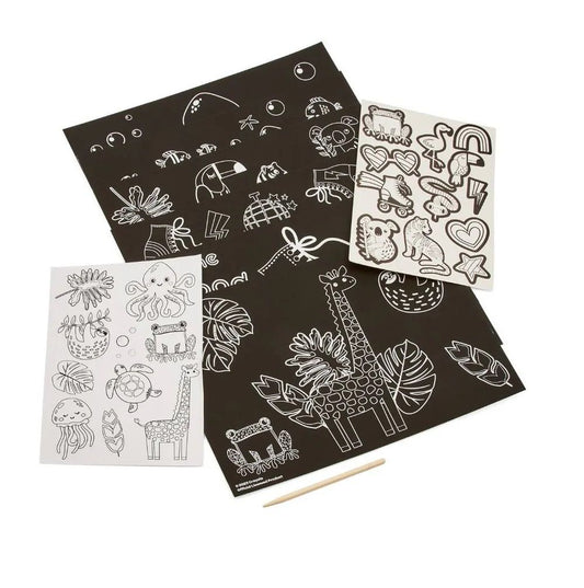 Crayola Scratch & Colour Bumper Box | Activities to have fun with your little ones will be love creating with felt tip markers | It comes off, 20 pieces, 6 shapes, 1 scraper, 6 A4 velvet sheets, 2 color your own stickers, 6 A4 scratch sheets | Ages 3+ - Marah Kids