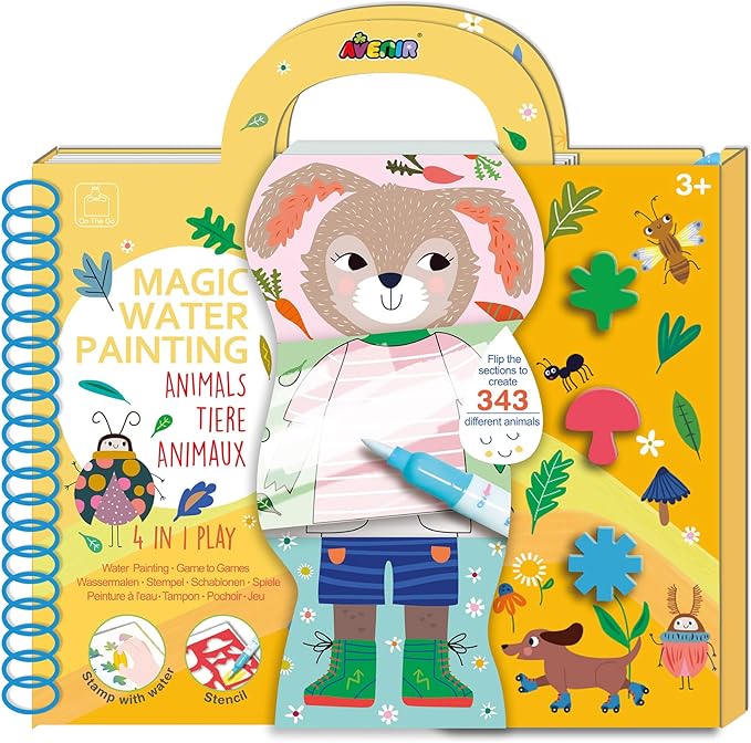 Avenir Magic Water Painting – Animals | Mess - Free Reusable Coloring Book with Water Pen and Stickers | Hours of Creative Fun and Learning for Kids 3+ - Marah Kids