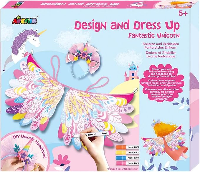 Avenir Unicorn Dress Up Fun Set – Fantastic Unicorn | DIY Costume with Pre - Printed Wings, Markers, Felt, Plastic Needle, & Headband - Spark the Imagination | 3+ Years - Marah Kids