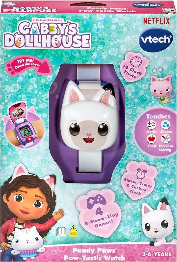 Vtech - Gabby's Dollhouse Pandy Paws' Paw - Tastic Watch - Multicolour | Cute wristwatch featuring Pandy Paws includes ten themed digital clock faces, a stopwatch, timer, alarm clock | Suitable ages for 3 + up - Marah Kids
