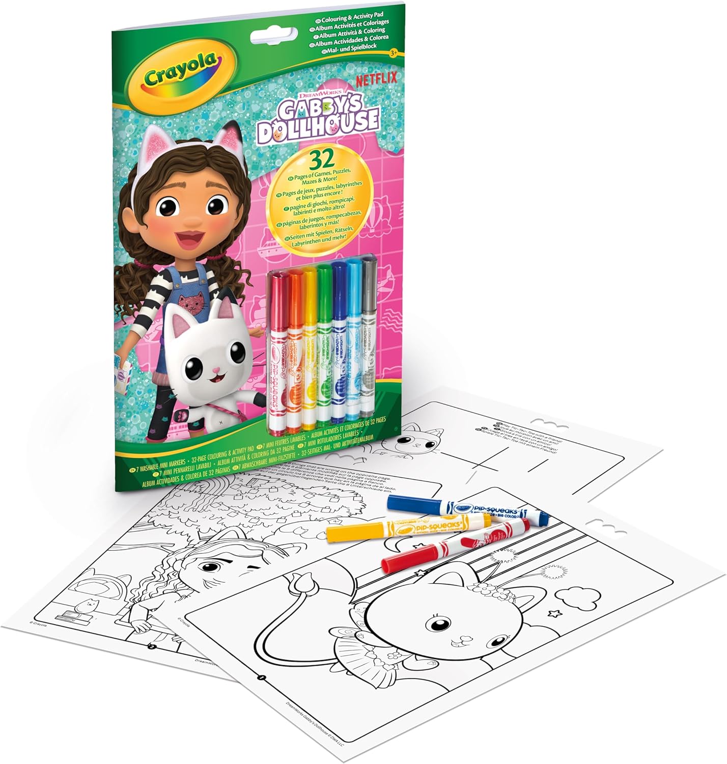 Crayola - Gabby's Dollhouse Album Activity and Colouring e, 32 Colouring Pages and 7 Washable Mini Felt Tip Pens | ideal gift ages from ages 3+ - Marah Kids