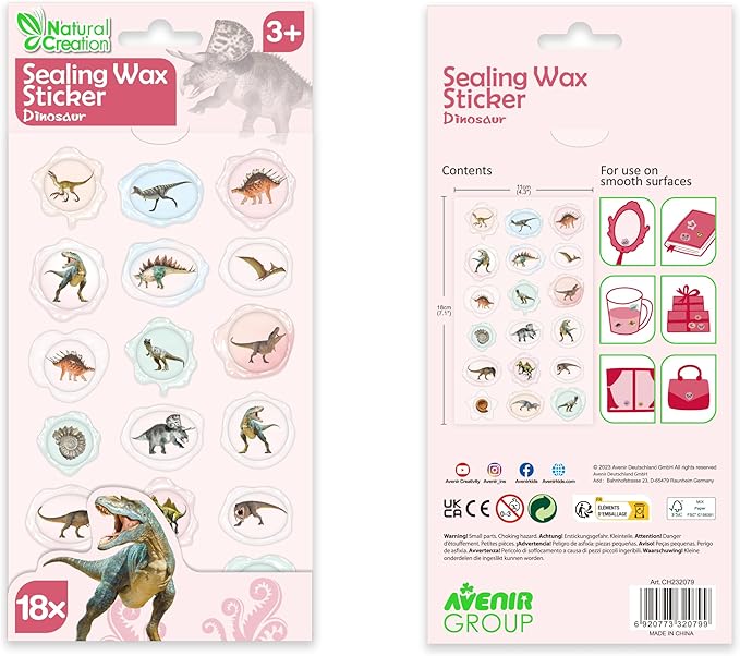 Avenir - Sealing Wax Stickers 10 pack - Dinosaur Multicolour | fabulous sealing wax stickers showcasing a collection of space objects | Ages3+ - Marah Kids
