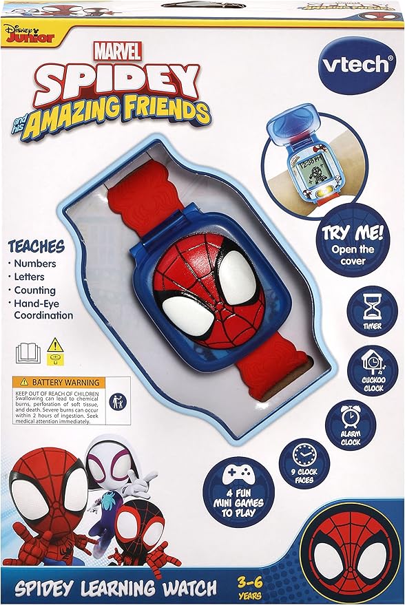Vtech - Spidey and His Amazing Friends - Spidey Learning Watch (Multicolour ) | Watch includes nine digital clock faces, a stopwatch, a timer, a cuckoo clock, and an alarm with a choice of alarm tones | Ideal 3 to 6 years - Marah Kids