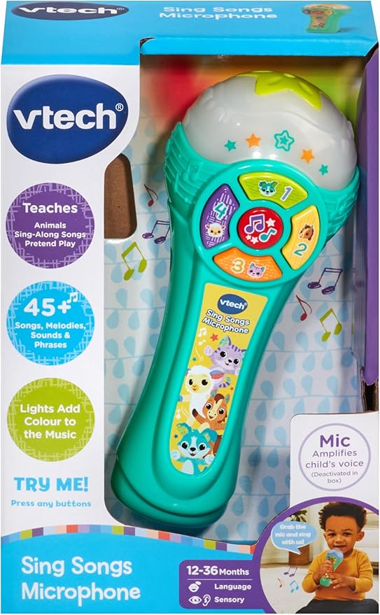 Vtech - Sing - Song Microphone - Multicolour | It has four animal buttons to introduce the animals, their sounds, and their numbers. | suitable ages 12m + up - Marah Kids