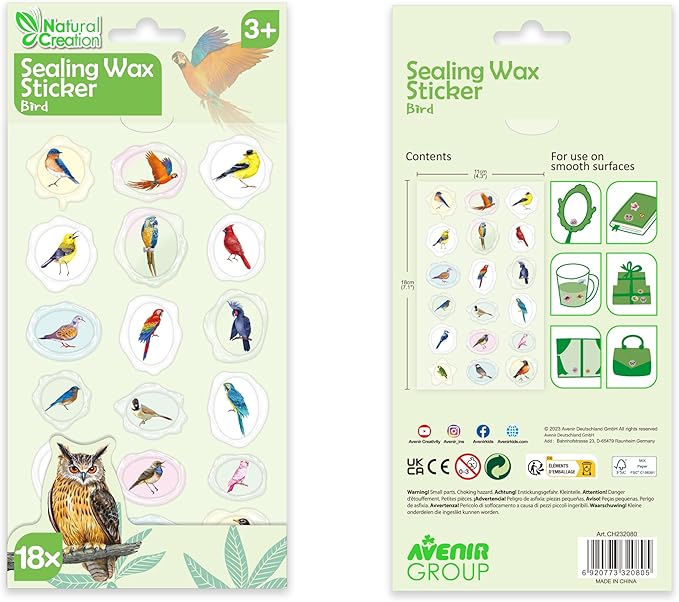 Avenir - Sealing Wax Stickers 10 pack - BIRD Multicolour | fabulous sealing wax stickers showcasing a collection of space objects | Ages3+ - Marah Kids
